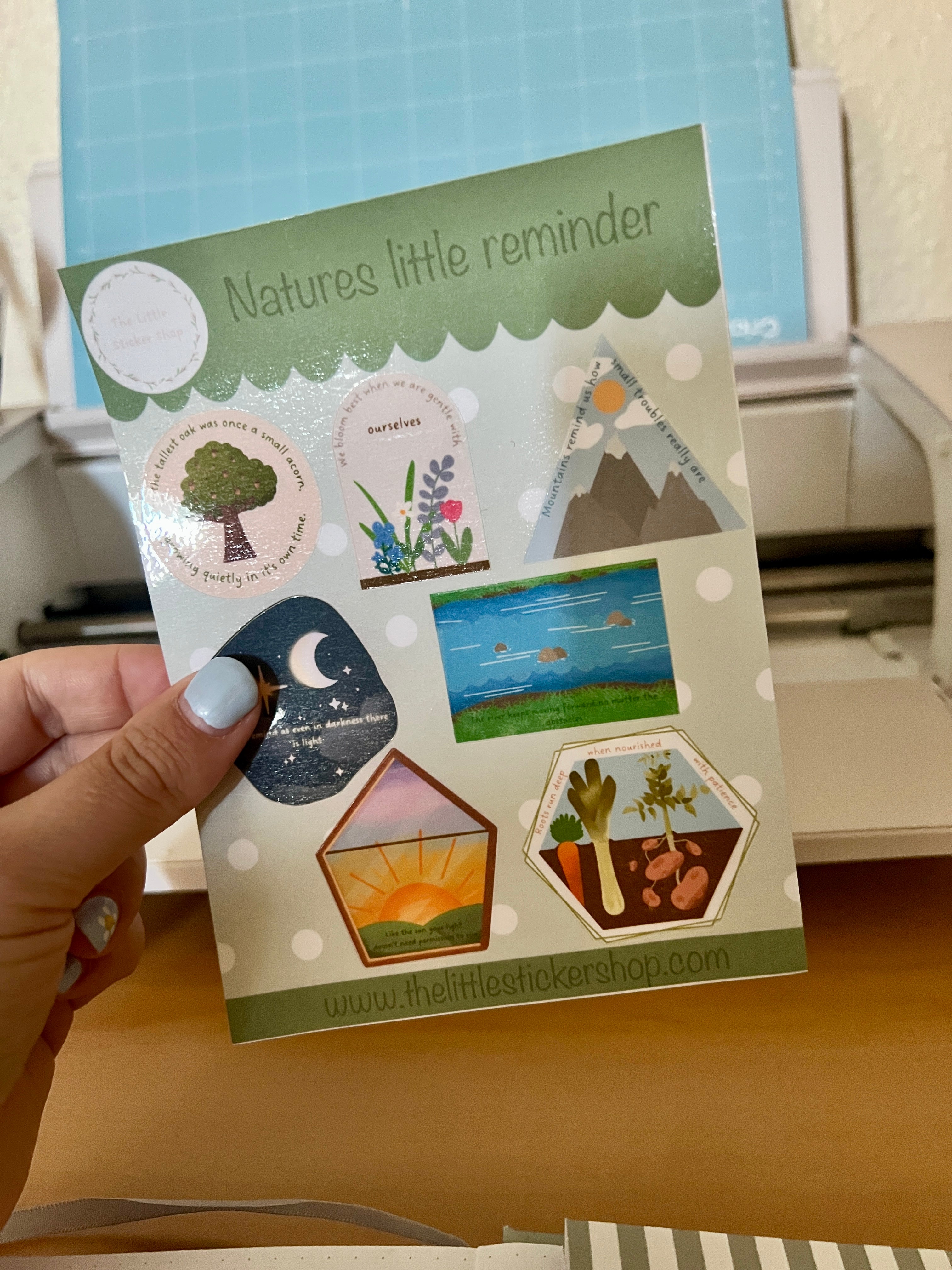 Hand holding a sticker sheet with nature-themed stickers labeled 'Natures little reminder'.