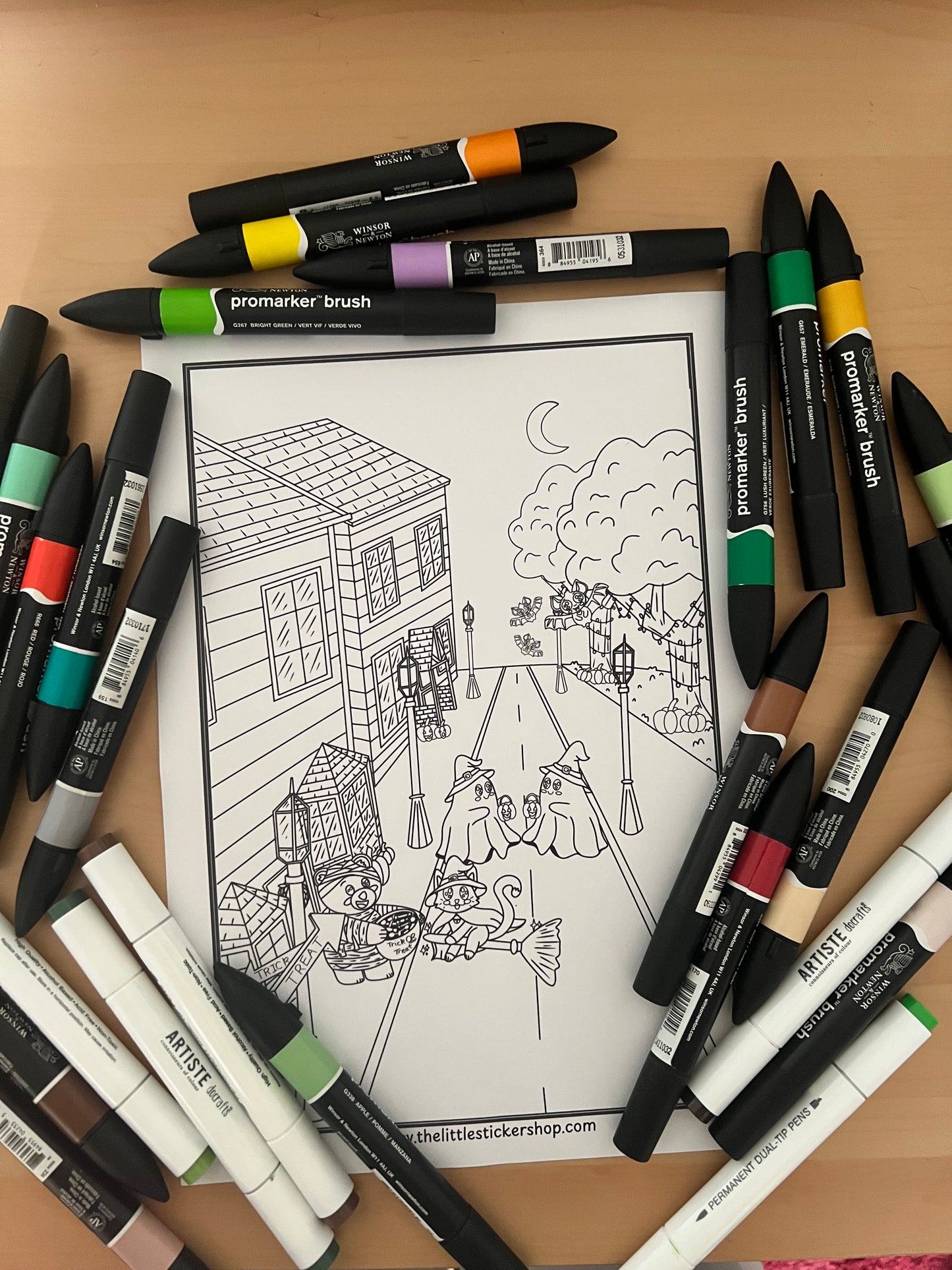 Halloween Trick or Treat Colouring Page - Cute Mummy Bear, Witch Cat, Bat & Ghost | Printable Digital Download