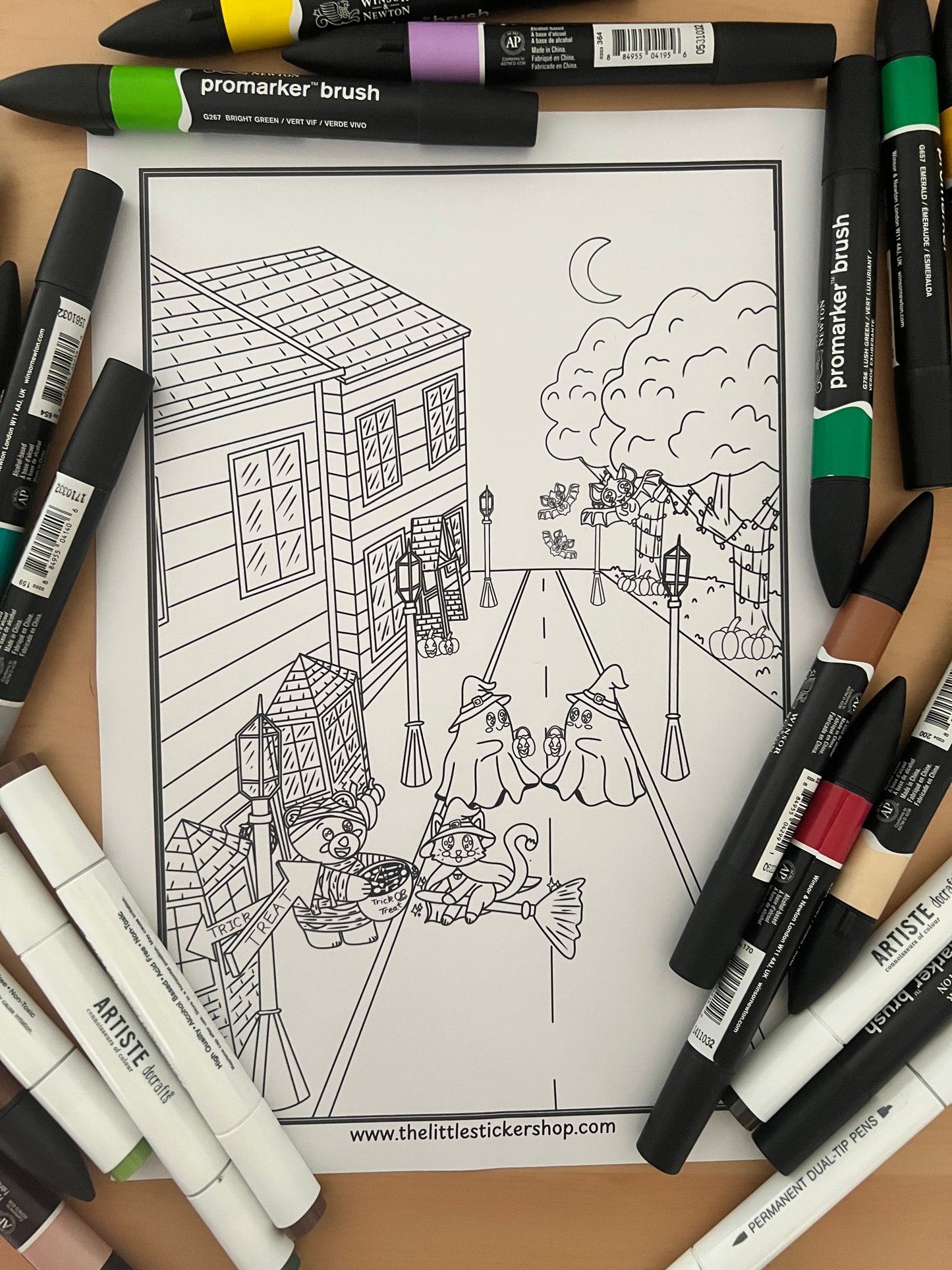 Halloween Trick or Treat Colouring Page - Cute Mummy Bear, Witch Cat, Bat & Ghost | Printable Digital Download