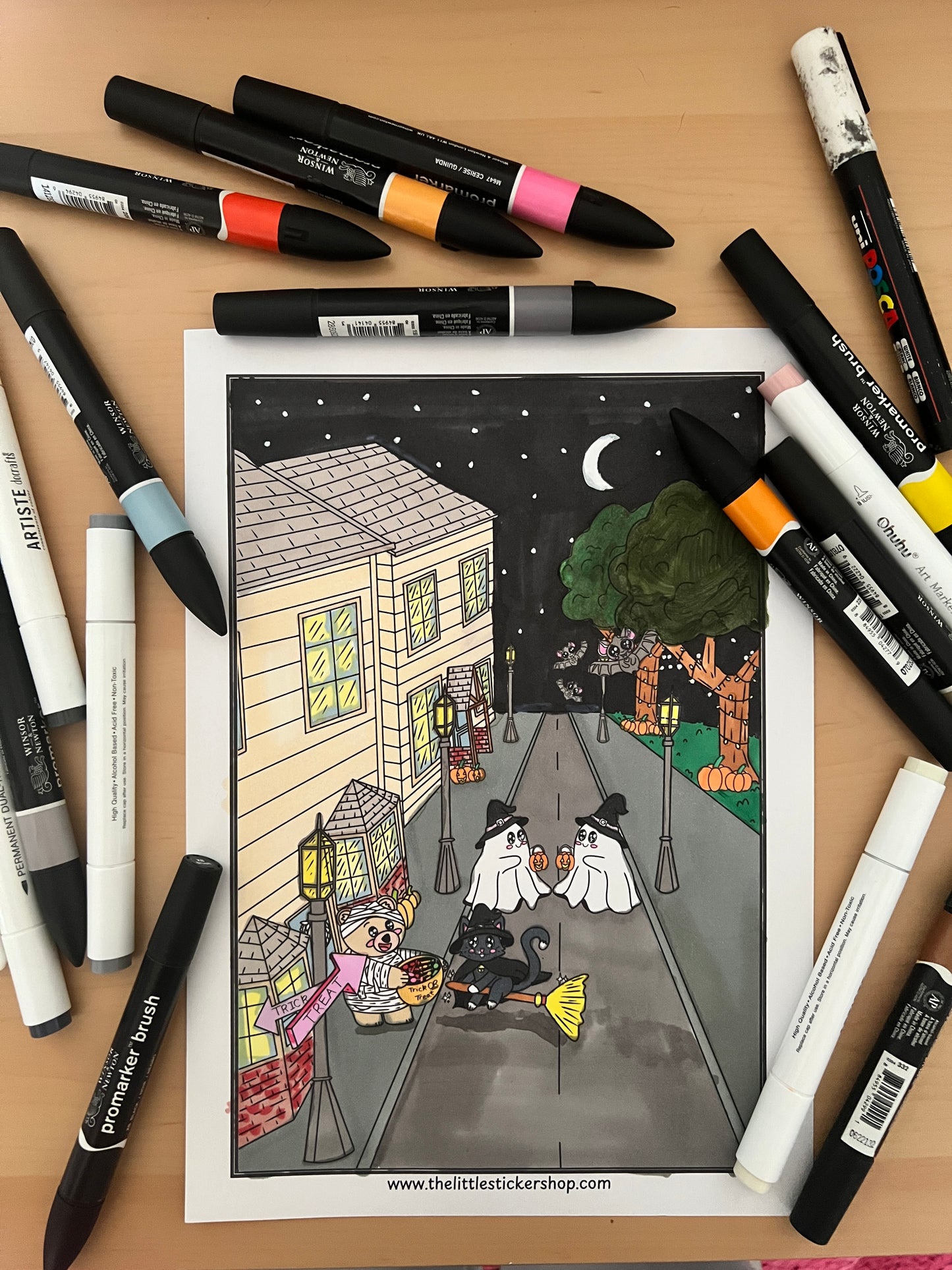 Halloween Trick or Treat Colouring Page - Cute Mummy Bear, Witch Cat, Bat & Ghost | Printable Digital Download