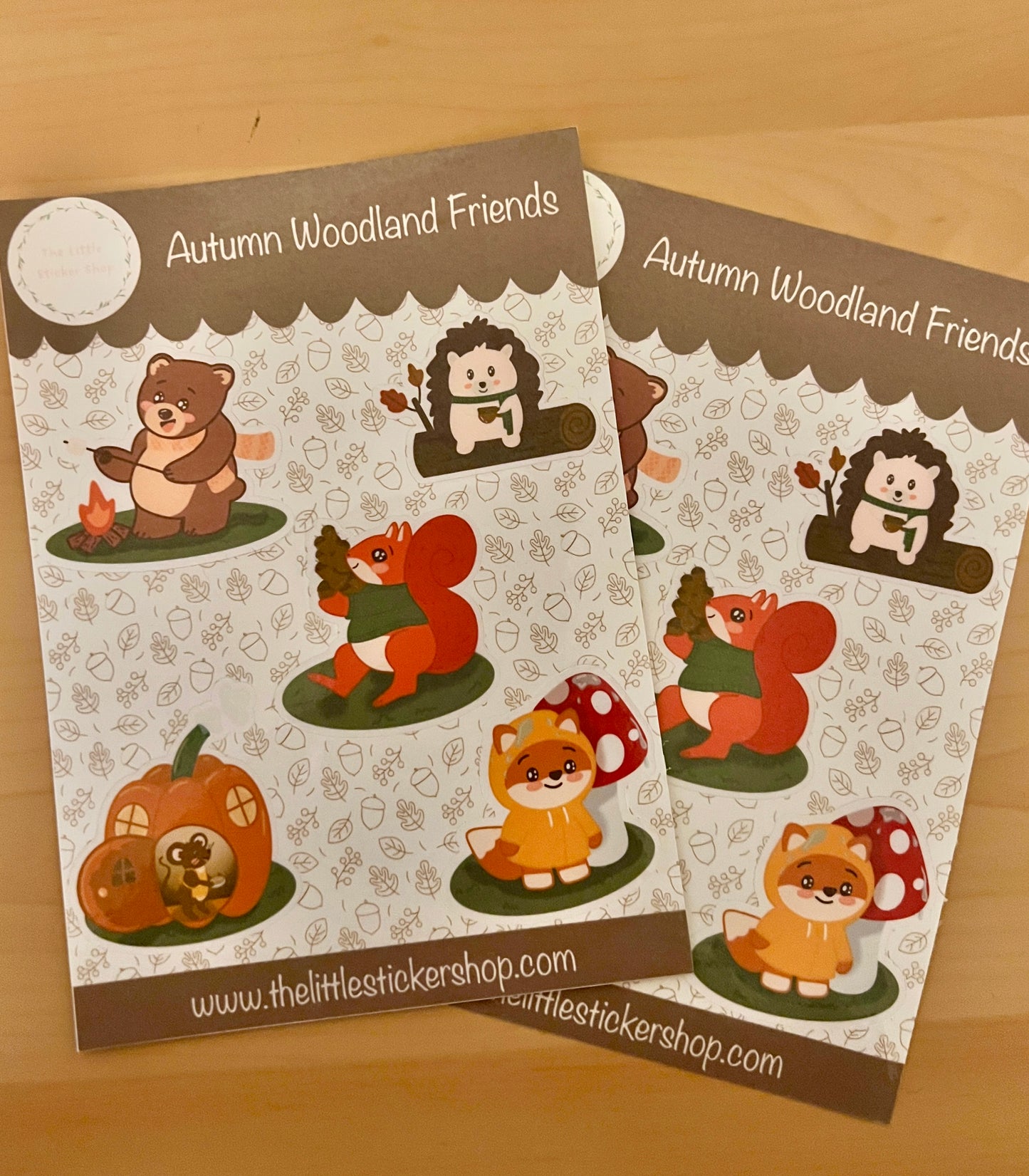 2 Sticker sheets with 5 cute character animals - a bear roasting a marshmallow over a campfire, a hedgehog drinking a hot drink on a log - a squirrel carrying a mountain of acorns, a fox in a raincoat, and a mouse in a pumpkin house.