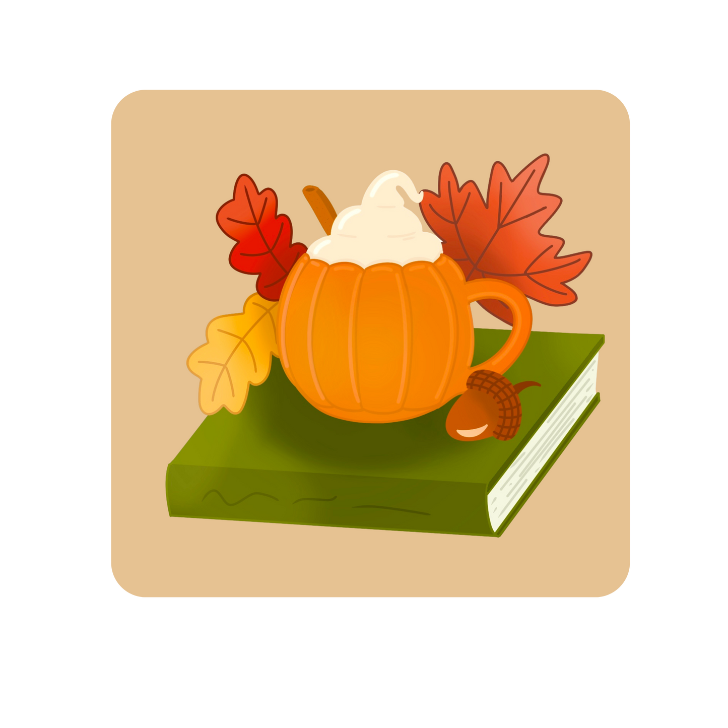 Illustration of a pumpkin mug with hot chocolate, surrounded by autumn leaves and an acorn on a beige background.