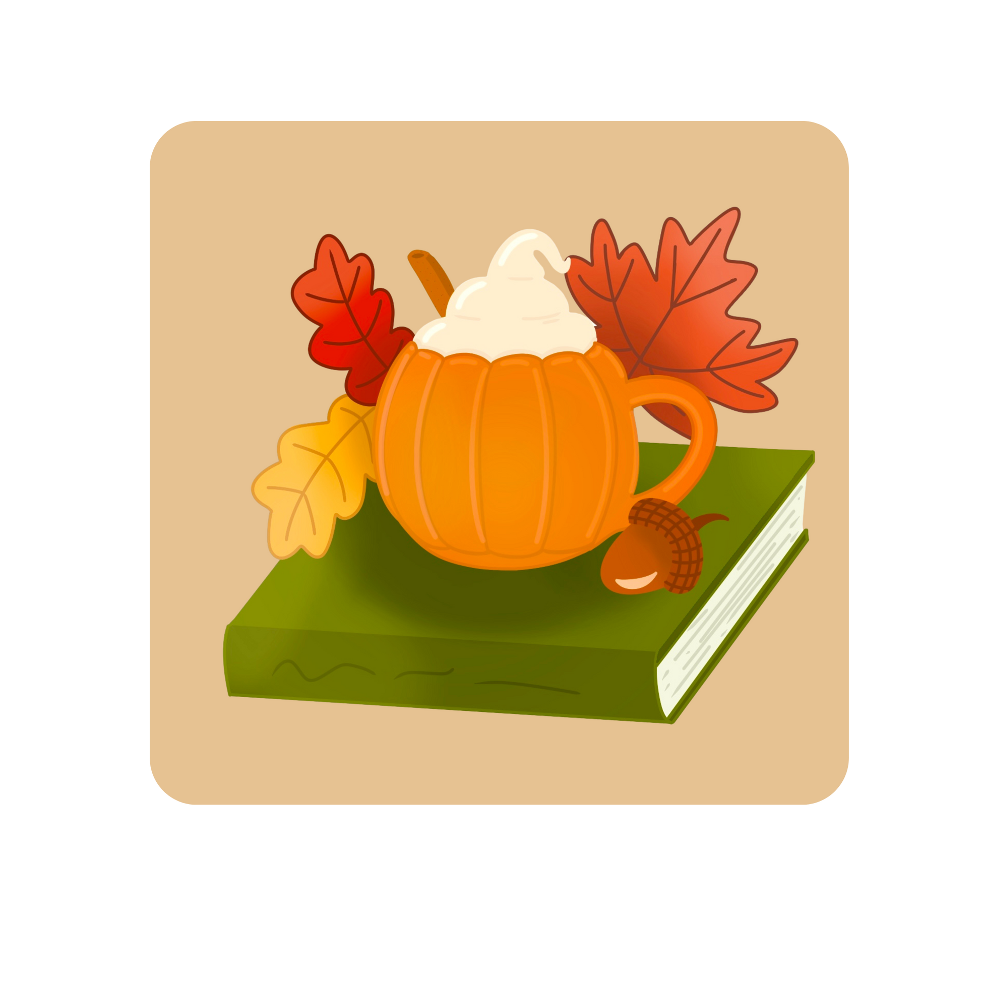 Illustration of a pumpkin mug with hot chocolate, surrounded by autumn leaves and an acorn on a beige background.