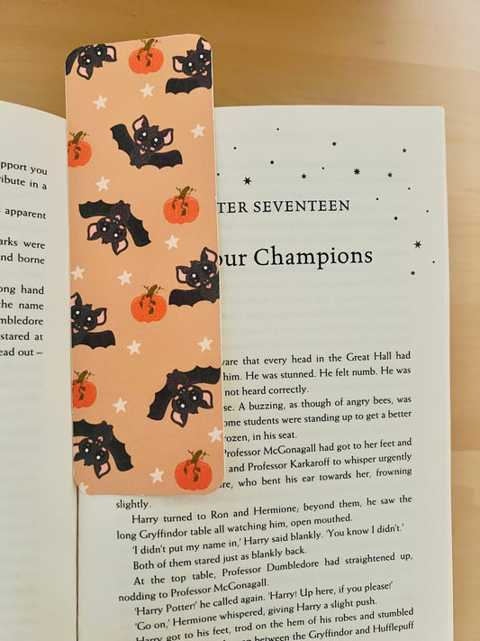 Baz the Bat Bookmark - Cute Halloween Bat Classic Bookmark with Pumpkins and Stars
