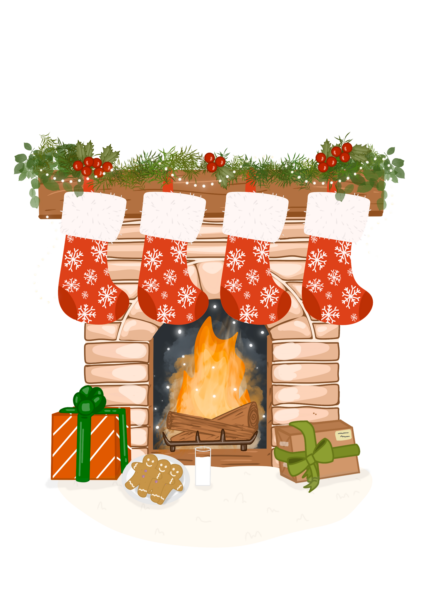 Cosy Fireplace Christmas Card – Festive Mantel with Stockings and Gifts