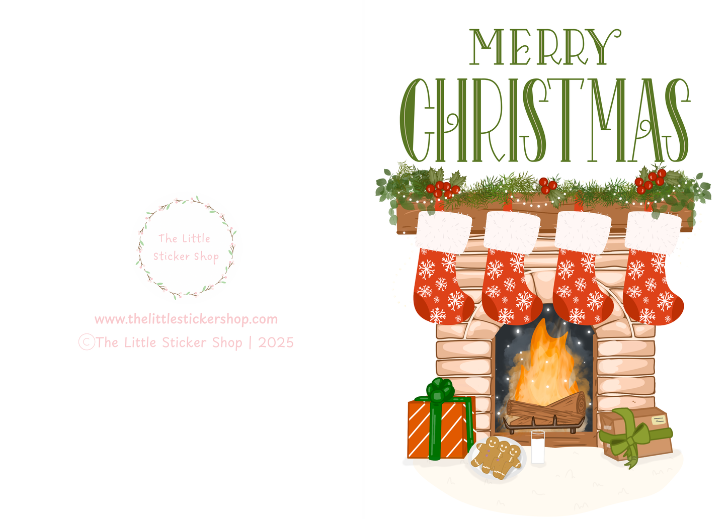 Cosy Fireplace Christmas Card – Festive Mantel with Stockings and Gifts