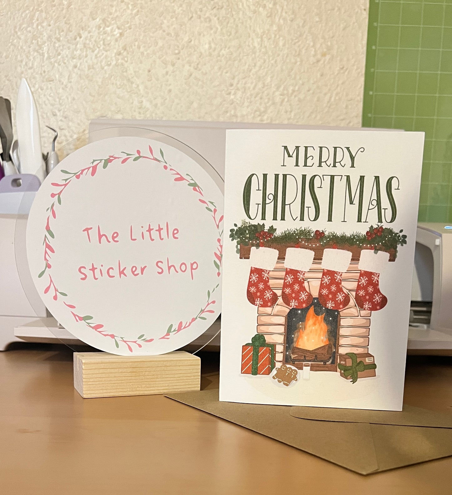 Cosy Fireplace Christmas Card – Festive Mantel with Stockings and Gifts