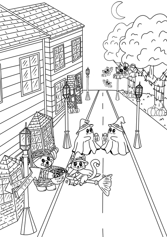 Halloween Trick or Treat Colouring Page - Cute Mummy Bear, Witch Cat, Bat & Ghost | Printable Digital Download