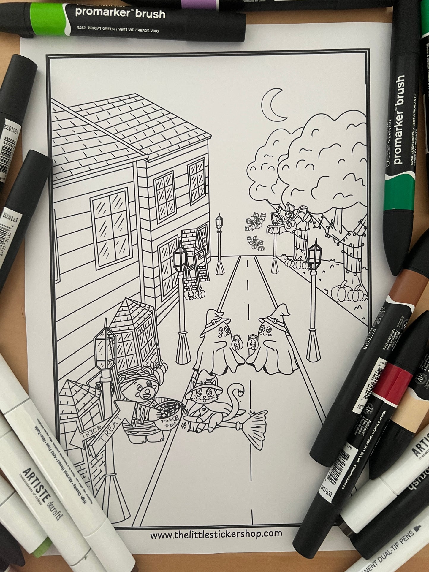 Halloween Trick or Treat Colouring Page - Cute Mummy Bear, Witch Cat, Bat & Ghost | Printable Digital Download