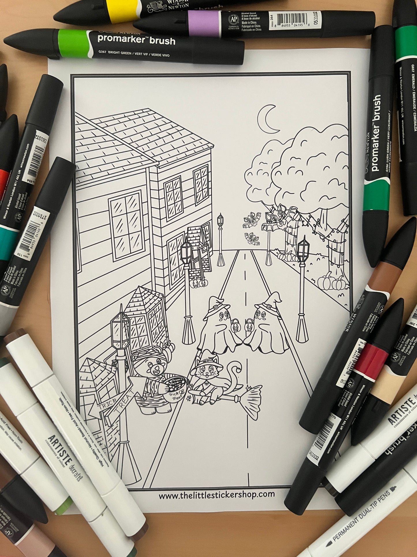 Halloween Trick or Treat Colouring Page - Cute Mummy Bear, Witch Cat, Bat & Ghost | Printable Digital Download