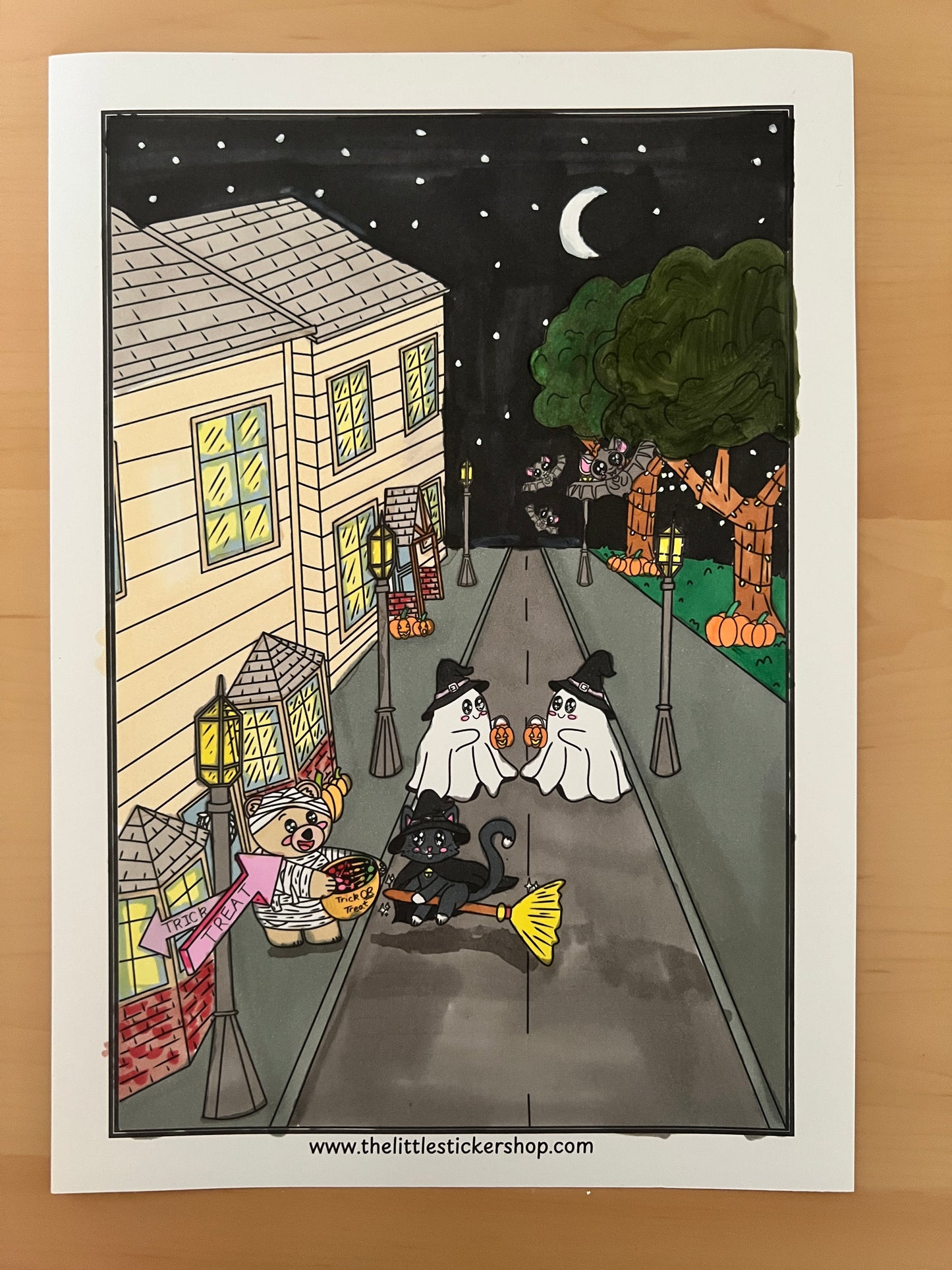 Halloween Trick or Treat Colouring Page - Cute Mummy Bear, Witch Cat, Bat & Ghost | Printable Digital Download